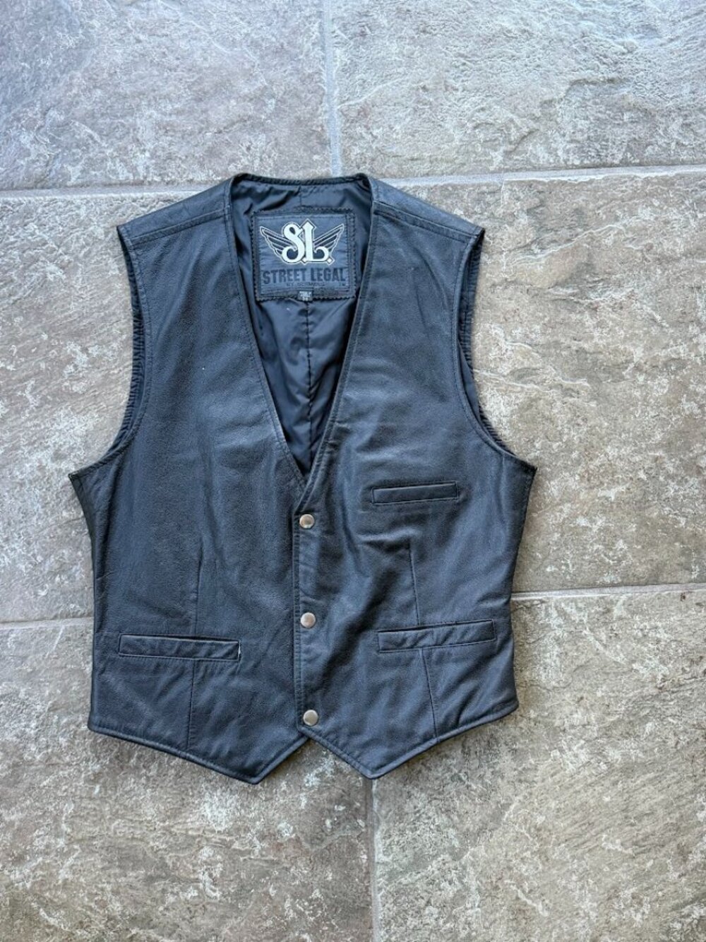 Vintage Street Legal by Bermans Black Leather Biker Vest Size 38